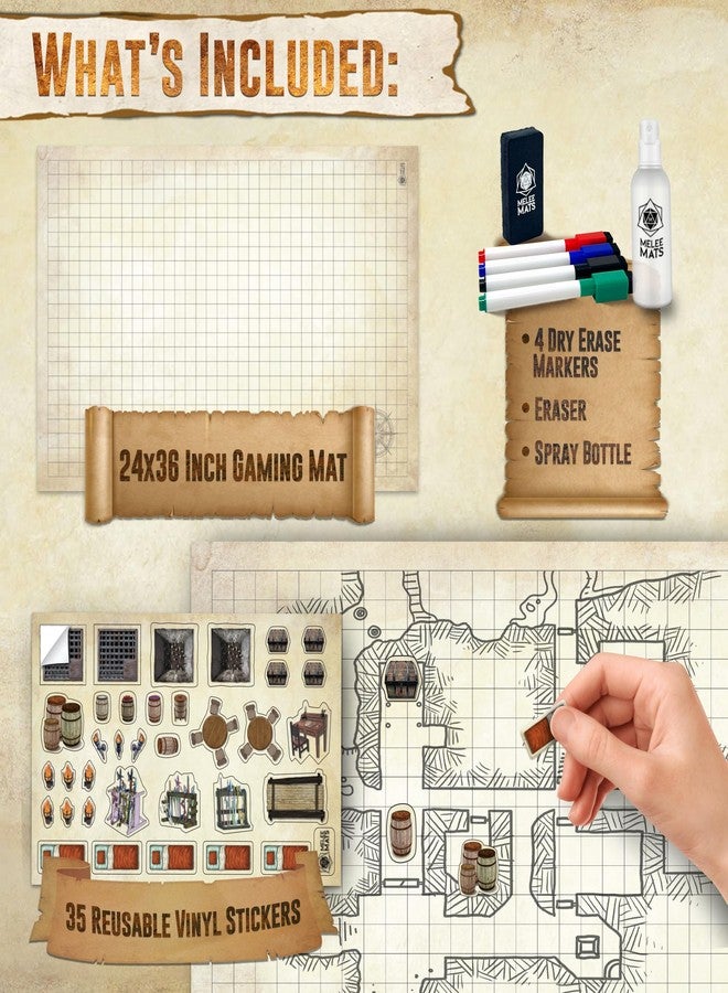 Melee Mats مجموعة خرائط بداية لعبة الاشتباك المباشر DND - 24 بوصة × 36 بوصة، شبكة تضاريس معركة قابلة للمسح الجاف والرطب لألعاب Dungeons and Dragons - تجربة لعب مثالية على الطاولة مع ملحقات - Image 3